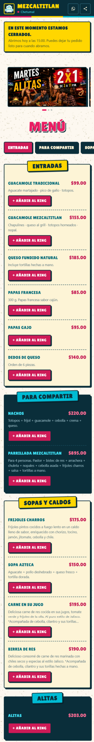 Menú de cocina mexicana