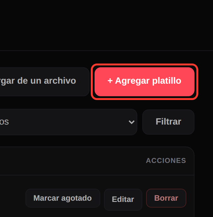 El botón «Nuevo platillo» en Gestión de Menú